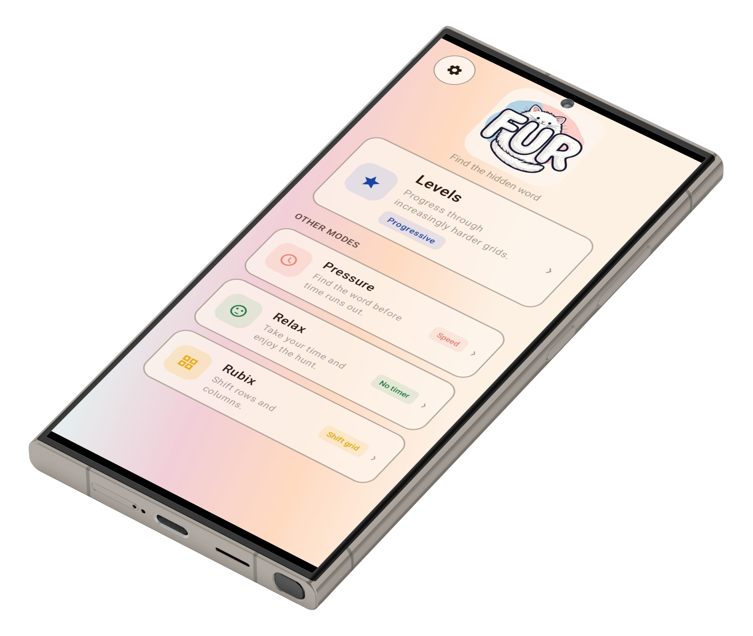 Find the FUR app on phone — showing Levels, Pressure, Relax, and Rubix game modes